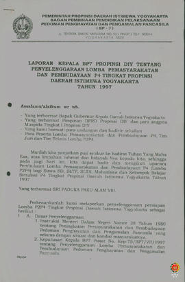 Laporan Kepala BP7 Provinsi DIY tentang penyelenggaraan lomba permasyarakatan dan pembudayaan P4 ...