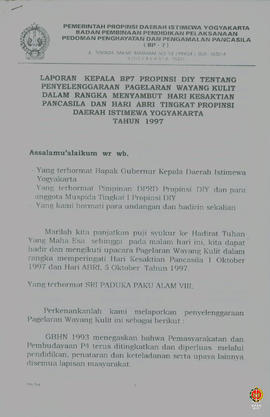 Laporan Kepala BP 7 Provinsi DIY tentang penyelenggaraan pagelaran wayang kulit dalam rangka meny...