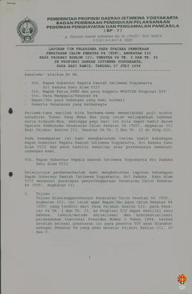 Laporan tim pelaksana pada upacara penutupan penataran calon penatar P4 bagi para pejabat Eselon ...