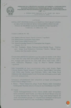 Laporan Kepala BP-7 DIY pada acara Forum Diskusi Senat Mahasiswa Perguruan Tinggi se DIY.