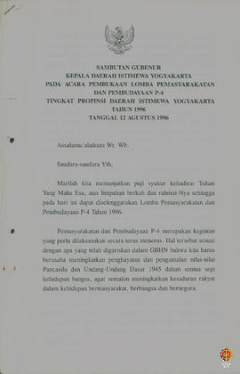 Teks sambutan Gubernur Kepala DIY pada acara pembukaan lomba permasyarakatan dan pembudayaan P4 T...