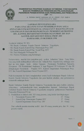 Laporan penyelenggara pada upacara penutupan pendidikan pancasila (Penataran P4) kontekstual bagi...