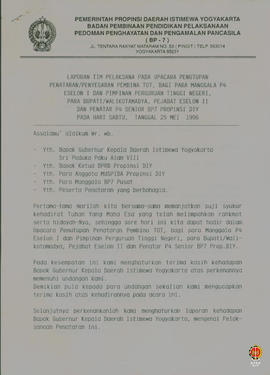 Laporan tim pelaksana pada upacara penutupan penataran/penyegaran pembina TOT bagi para Manggala ...