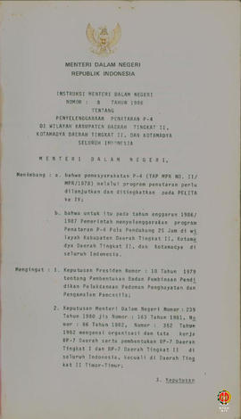 Instruksi Menteri Dalam Negeri Nomor 8 Tahun 1986 tentang Penyelenggaraan Penataran P-4 Pola Pend...