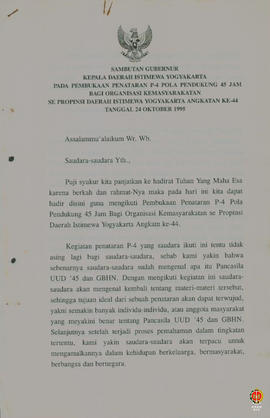 Teks Sambutan Gubernur Kepala DIY pada Pembukaan Penataran P4 Pola Pendukung 45 Jam bagi Organisa...