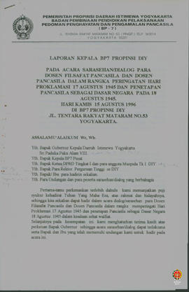 Laporan Kepala BP-7 DIY pada acara Sarasehan/Dialog para dosen filsafat Pancasila dan dosen dalam...