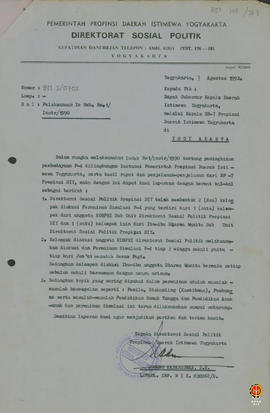 Surat dari Kepala Direktorat Sosial Politik Provinsi DIY kepada Bapak Gubernur Kepala DIY melalui...