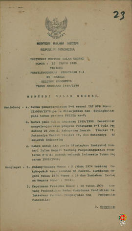 Instruksi Menteri Dalam Negeri Nomor 15 Tahun 1989 tentang Penyelenggaraan Penataran P-4 di Daera...