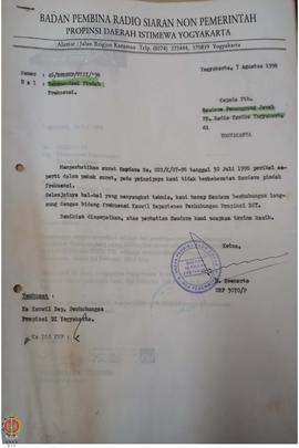 Surat dari Ketua Badan Pembina Radio Siaran Non Pemerintah Provinsi Daerah Istimewa Yogyakarta ke...
