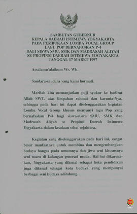 Teks sambutan Gubernur Kepala DIY pada pembukaan lomba vokal group lagu pop bernafaskan P4 bagi s...