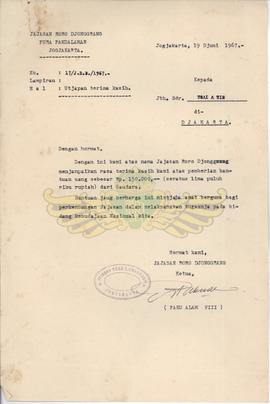 Surat dari ketua Yayasan Rarajongrang kepada Sdr. Tsai A Tie tentang ucapan terimakasih.