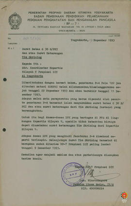 Surat dari Kepala BP7 ditujukan kepada Koordinator Kopertis Wilayah V Propinsi DIY perihal mohon ...