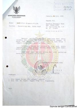 Surat dari Direktur Pembinaan Pers Departemen Penerangan Republik Indonesia kepada Pemimpin Umum ...