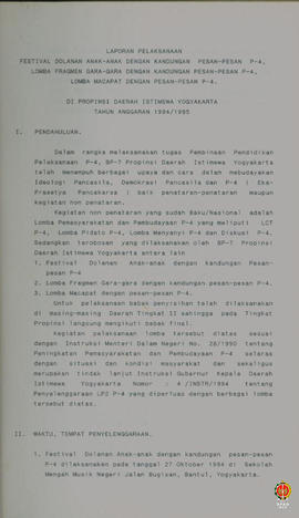 Laporan Pelaksanaan Lomba Kesenian Tradisional dengan kandungan pesan-pesan P4 Tahun Anggaran 199...