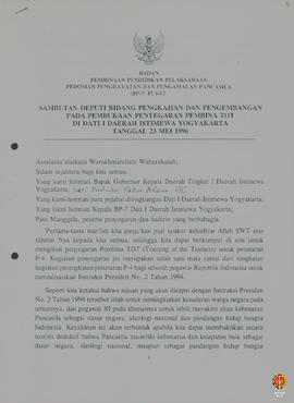 Teks sambutan Deputi Bidang Pengkajian dan Pengembangan pada pembukaan penyegaran pembina TOT di ...