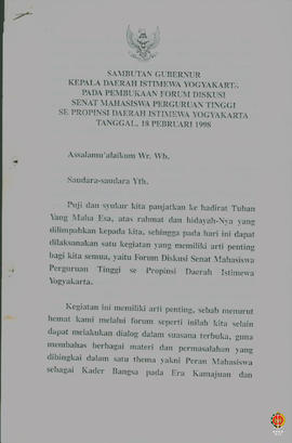 Sambutan Gubernur Kepala Daerah DIY pada Pembukaan Forum Diskusi Senat Mahasiswa Perguruan Tinggi...