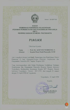 Piagam dari BP7 Ditujukan kepada para peserta pemantapan dan P4 Bagi manggala/penatar pedoman pen...