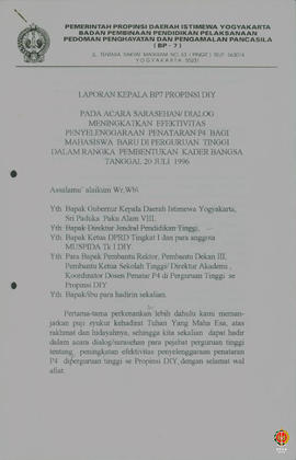 Laporan Kepala BP-7 DIY pada acara Dialog/ Sarasehan peningkatan efektifitas penyelenggaraan pena...