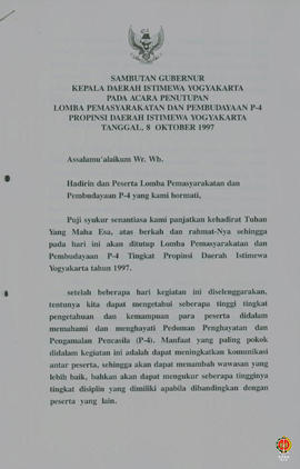 Teks sambutan Gubernur Kepala DIY pada pembukaan lomba Pemasyarakatan dan Pembudayaan P-4 Propins...