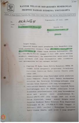 Surat dari Kepala Kantor Wilayah Departemen Penerangan Provinsi Daerah Istimewa Yogyakarta kepada...