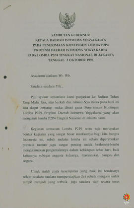 Teks sambutan Gubernur Kepala DIY pada penerimaan kontingen lomba P2P4 Propinsi DIY pada lomba P2...