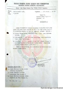 Surat dari Ketua Badan Pembina Radio Siaran Non Pemerintah Provinsi Daerah Istimewa Yogyakarta ke...