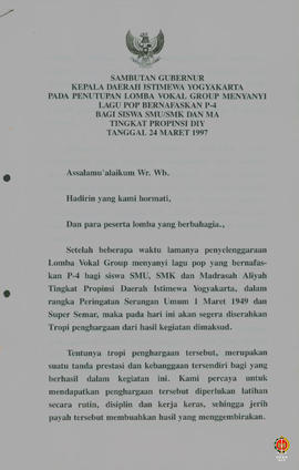 Teks sambutan Gubernur Kepala DIY pada penutupan lomba vokal group menyanyi lagu pop bernafaskan ...