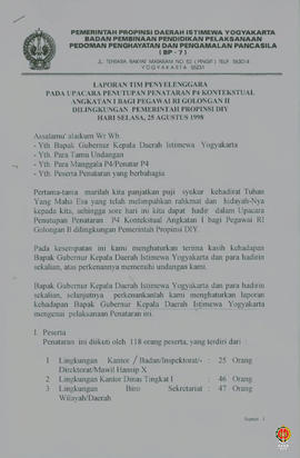 Laporan tim penyelenggara pada Upacara penutupan penataran P4 Kontestual bagi Pegawai RI Gol. II ...