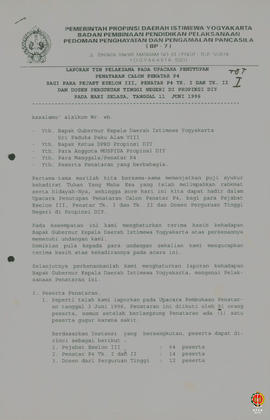 Laporan tim pelaksana pada upacara penutupan penataran calon penatar P4 bagi para pejabat Eselon ...