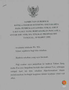 Teks sambutan Gubernur Kepala DIY pada pembukaan lomba vokal group lagu-lagu yang bernafaskan Pan...