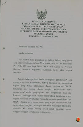 Teks sambutan Gubernur Kepala Daerah Istimewa Yogyakarta pada acara penutupan penataran P4 pola 1...