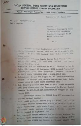 Surat dari Ketua Badan Pembina Radio Siaran Non Pemerintah Provinsi Daerah Istimewa Yogyakarta ke...