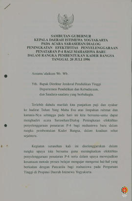 Teks Sambutan Gubernur Kepala Daerah DIY pada acara Sarasehan/Dialog peningkatan efektifitas peny...