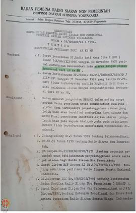 Surat rekomendasi Ketua Badan Pembina Radio Siaran Non Pemerintah Provinsi Daerah Istimewa Yogyak...