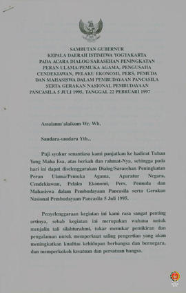 Teks Sambutan Gubernur Kepala Daerah DIY pada acara Pembukaan Dialog/ Sarasehan peningkatan peran...