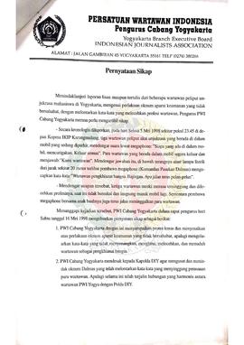 Surat dari Pengurus Persatuan Wartawan Indonesia Cabang Yogyakarta kepada Kepala Kantor Wilayah D...