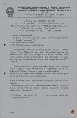 Laporan tim penyelenggara pada upacara penutupan Penataran P4 bagi Pegawai RI Non Eselon Gol.IV d...