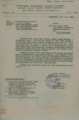 Surat dari Kepala Kantor Wilayah Departemen Transmigrasi DIY kepada Kepala Kantor Departemen Tran...