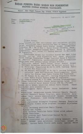 Surat dari Ketua Badan Pembina Radio Siaran Non Pemerintah Provinsi Daerah Istimewa Yogyakarta ke...