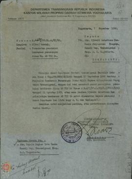 Surat dari Kepala Kantor Wilayah Departemen Transmigrasi DIY kepada Djumali Ariwibowo, Bsc Kasie ...