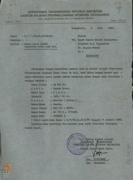 Surat dari Kepala Bagian Tata Usaha atas nama Kepala Kantor Wilayah Departemen Transmigrasi DIY k...