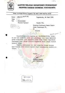 Surat dari Kepala Kantor Wilayah Departemen Penerangan Provinsi Daerah Istimewa Yogyakarta kepada...