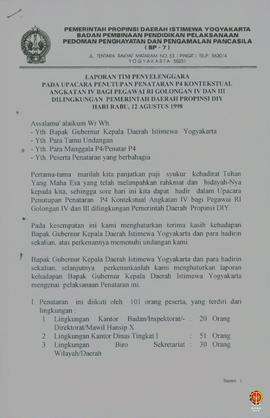 Laporan tim penyelenggara pada upacara penutupan penataran P4 kontekstual angkatan IV bagi pegawa...