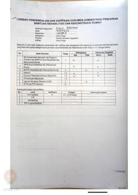 lembar Pengendalian dan Verifikasi Dokumen Administrasi Pencairan Bantuan Rehabilitasi dan Rekons...
