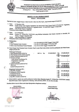 Kendali Kelengkapan Pengadaan Barang dan Jasa Rehab Rekons DIPA TA. 2007 oleh PT. TITIMATRA (DED)...