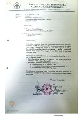 Surat dari PMI Cab Gunungkidul kepada PD PMI DIY tentang permohonan biaya operasional penanganan ...