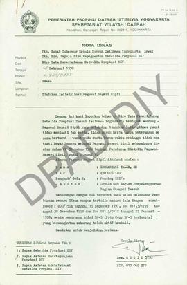 Nota Dinas dari Biro Tata Pemerintahan Setwilda Propinsi DIY, Drs. Sutito, kepada Gubernur Daerah...