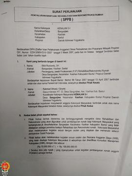 Surat Perjanjian Penyaluran Bantuan Rehabilitasi dan Rekonstruksi Rumah (SPPB) antara pihak ke sa...