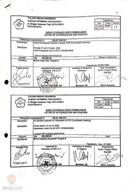 Surat otorisasi/bukti pembayaran untuk pembayaran perdiem relawan bidang gudang obat PMI Yogyakar...