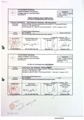 Surat otorisasi/ukti pembayaran untuk pembelian voucher guna operasional komunikasi tim fisiotera...